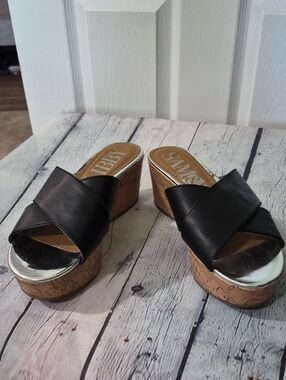 Like New Sam & Libby Black Cork Wedge Slide Sandals with Silver Toe Size 7.5